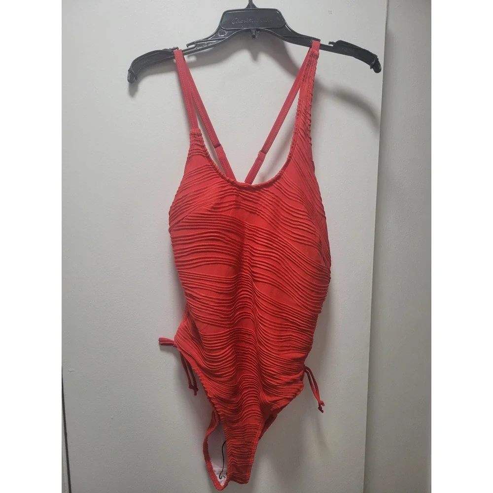 Red‎ One Shoulder Swimsuit Crisscross Back Tie Side Textured Swim One Piece